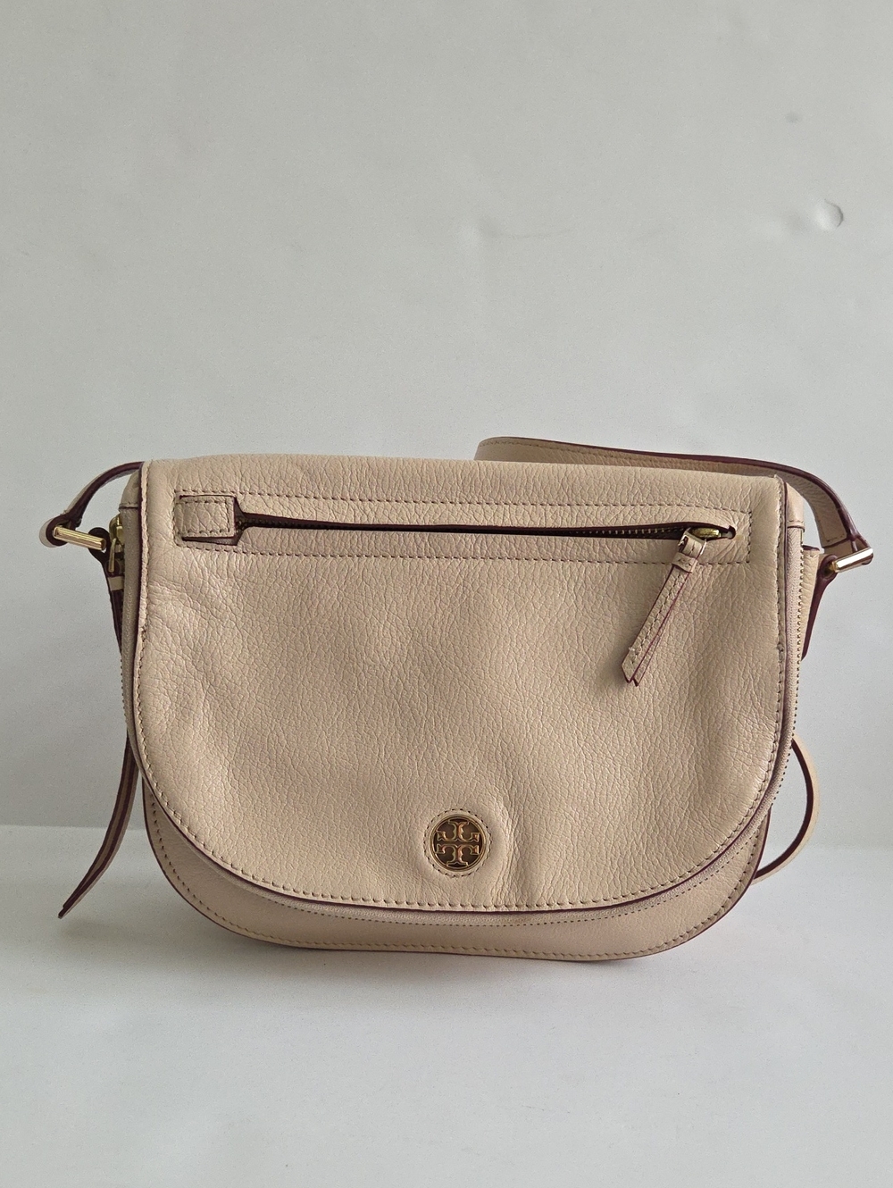 Tory Burch Light Beige Pebbled Leather Crossbody with Gold Logo